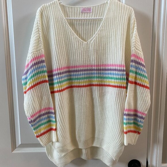 Pink Lily White Sweater w Pastel Rainbow Stripes Size M/L - Picture 2 of 9